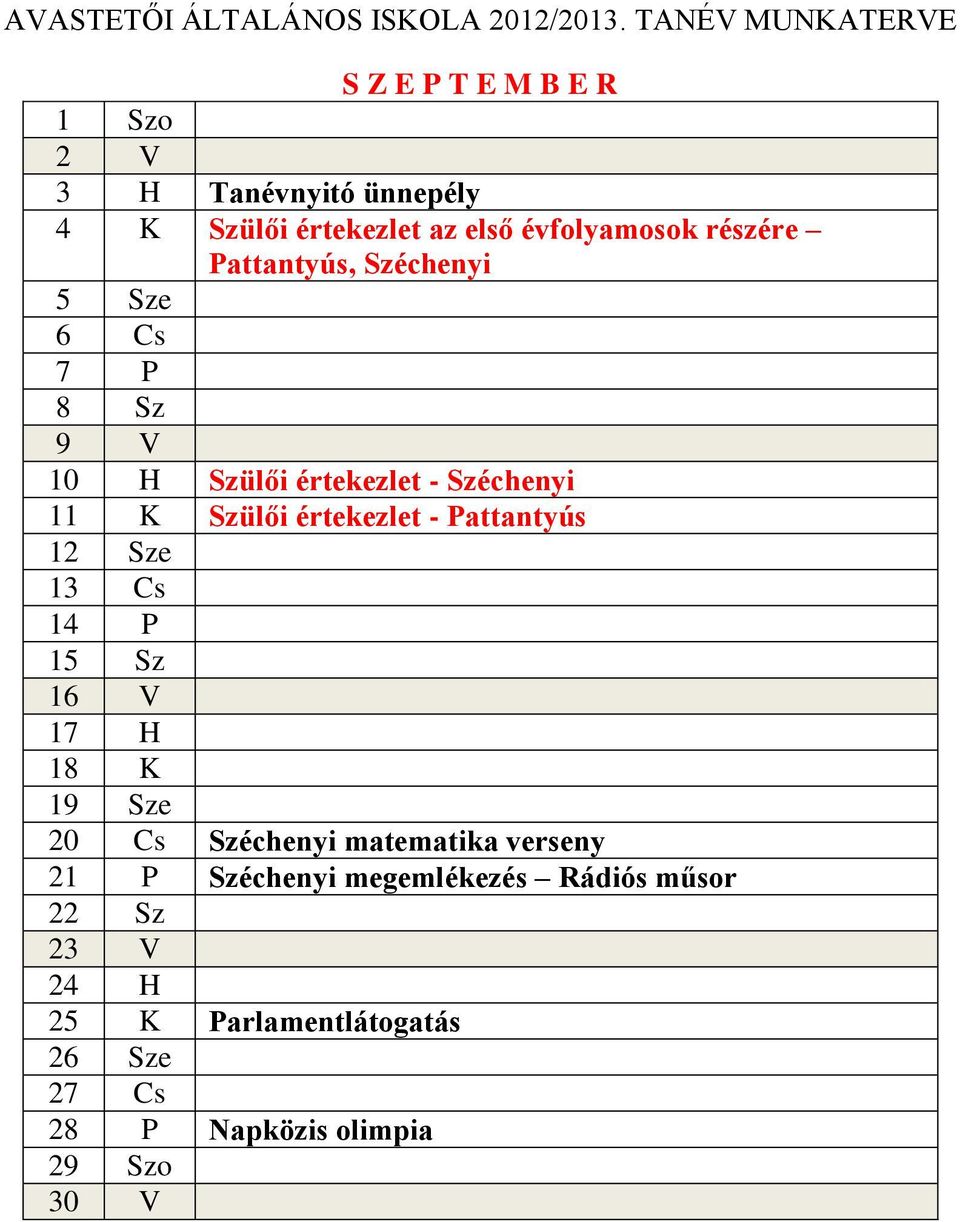 Pattantyús 12 Sze 13 Cs 14 P 15 Sz 16 V 17 H 18 K 19 Sze 20 Cs Széchenyi matematika verseny 21 P Széchenyi