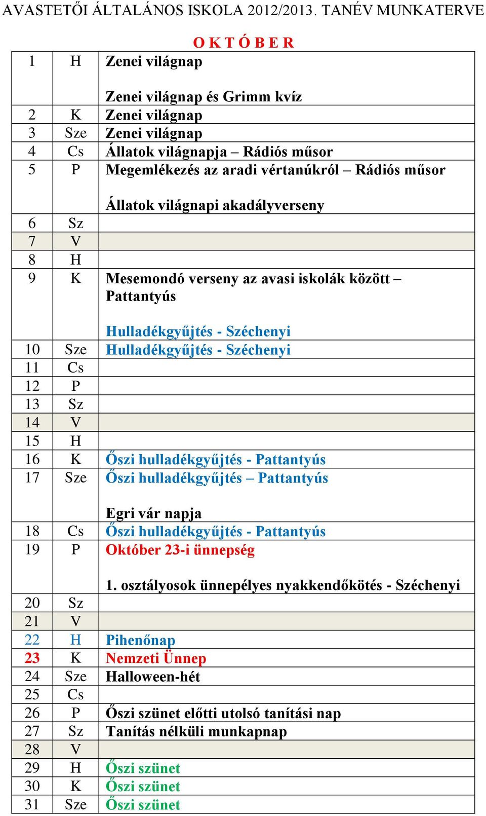 hulladékgyűjtés - Pattantyús 17 Sze Őszi hulladékgyűjtés Pattantyús Egri vár napja 18 Cs Őszi hulladékgyűjtés - Pattantyús 19 P Október 23-i ünnepség 1.