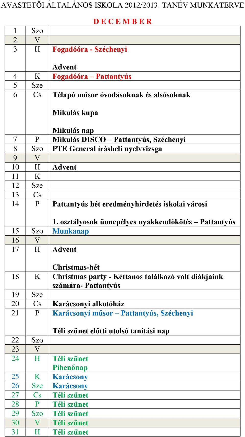 osztályosok ünnepélyes nyakkendőkötés Pattantyús 15 Szo Munkanap 16 V 17 H Advent Christmas-hét 18 K Christmas party - Kéttanos találkozó volt diákjaink számára- Pattantyús 19 Sze 20 Cs