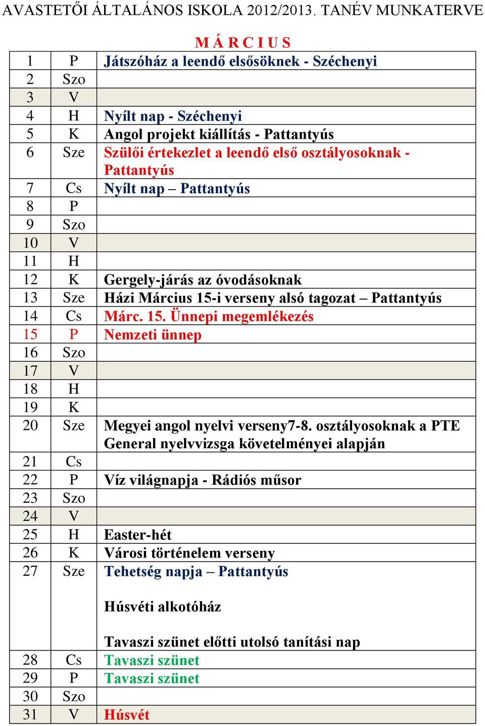 i verseny alsó tagozat Pattantyús 14 Cs Márc. 15. Ünnepi megemlékezés 15 P Nemzeti ünnep 16 Szo 17 V 18 H 19 K 20 Sze Megyei angol nyelvi verseny7-8.