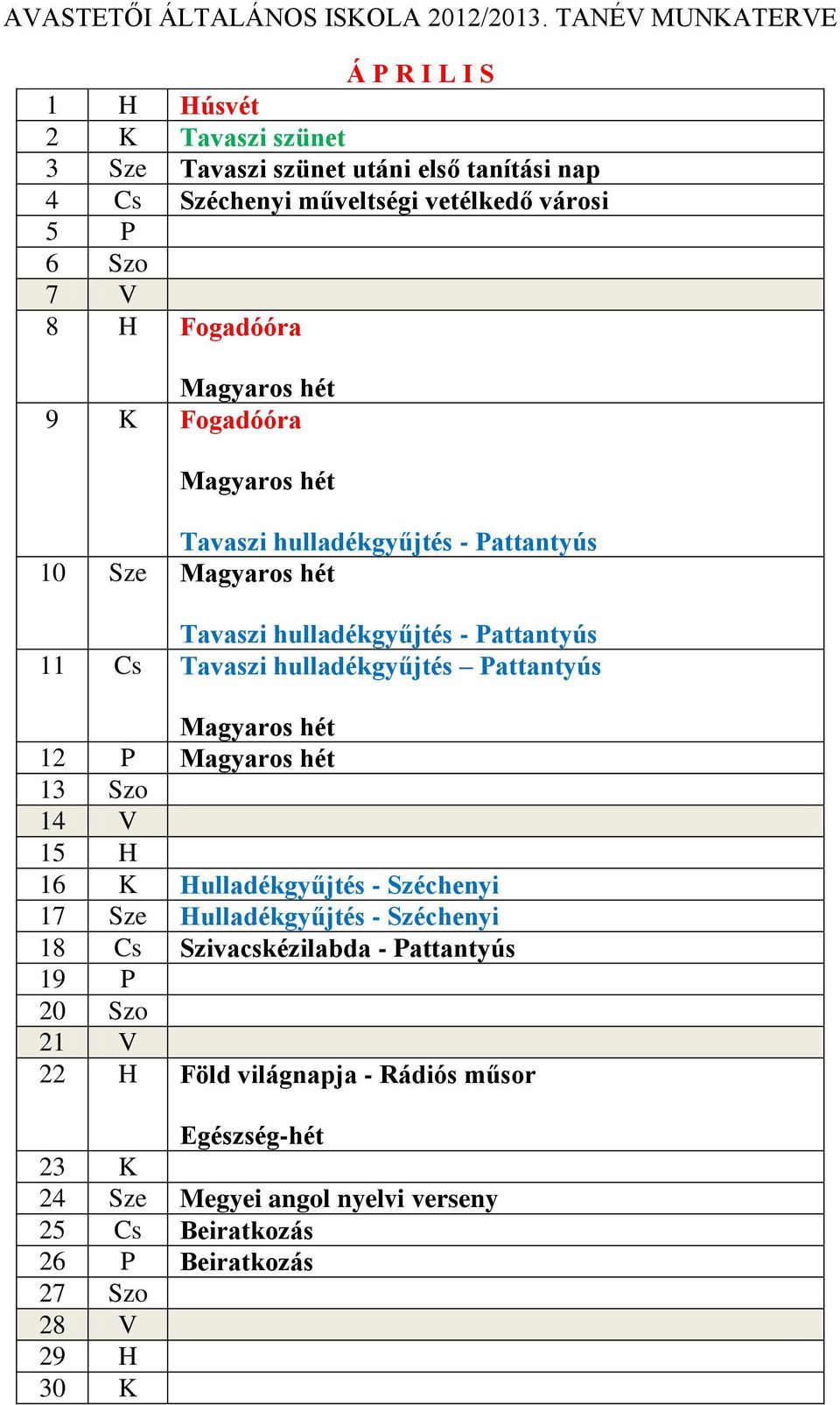 hulladékgyűjtés Pattantyús Magyaros hét 12 P Magyaros hét 13 Szo 14 V 15 H 16 K Hulladékgyűjtés - Széchenyi 17 Sze Hulladékgyűjtés - Széchenyi 18 Cs