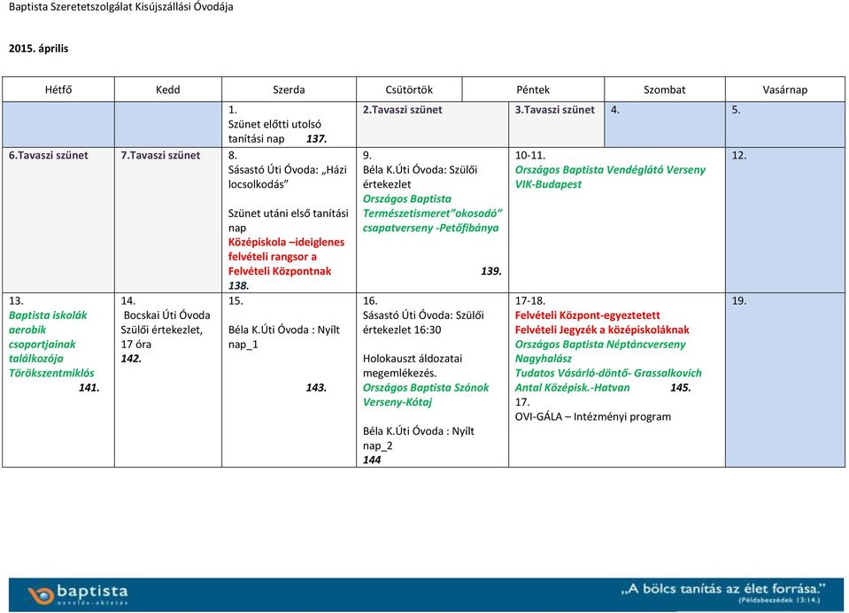 Tavaszi szünet 3.Tavaszi szünet 4. 5. Béla K.Úti Óvoda: Szülői értekezlet Országos Baptista Természetismeret okosodó csapatverseny -Petőfibánya 16.
