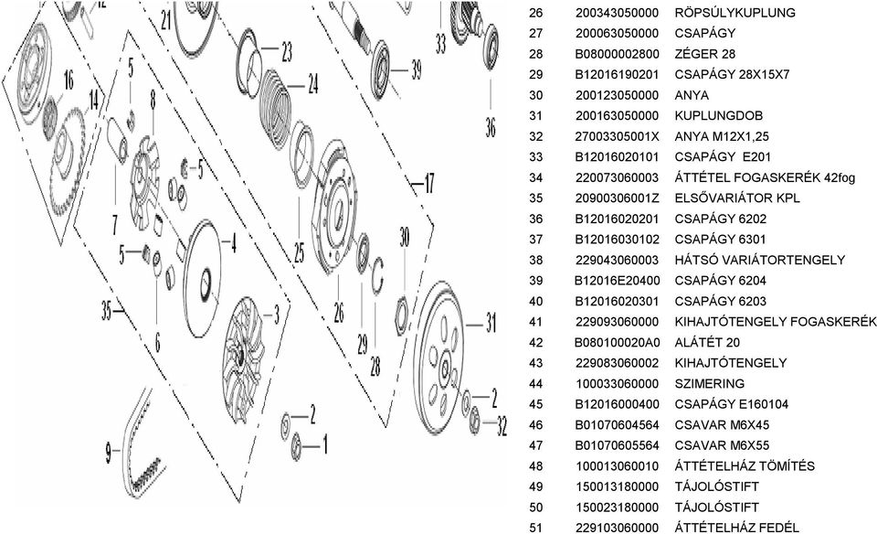 39 B12016E20400 CSAPÁGY 6204 40 B12016020301 CSAPÁGY 6203 41 229093060000 KIHAJTÓTENGELY FOGASKERÉK 42 B080100020A0 ALÁTÉT 20 43 229083060002 KIHAJTÓTENGELY 44 100033060000 SZIMERING 45