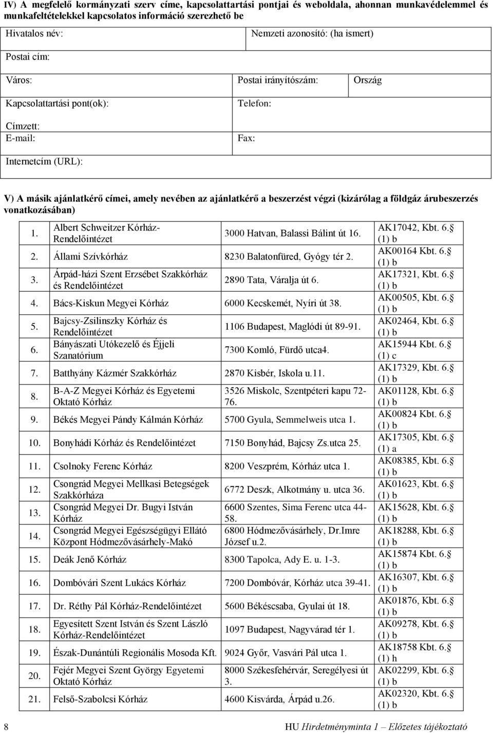 beszerzést végzi (kizárólag a földgáz árubeszerzés vonatkozásában) 1. Albert Schweitzer Kórház- AK17042, Kbt. 6. 3000 Hatvan, Balassi Bálint út 16. 2. Állami Szívkórház 8230 Balatonfüred, Gyógy tér 2.