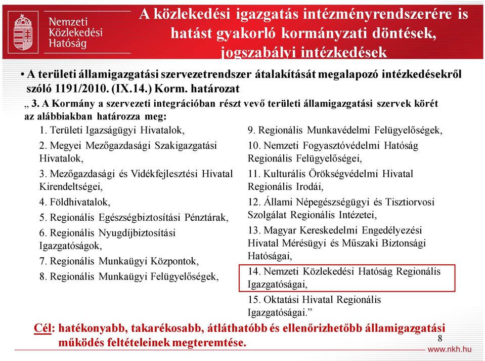 Regionális Munkavédelmi Felügyelőségek, 2. Megyei Mezőgazdasági Szakigazgatási Hivatalok, 3. Mezőgazdasági és Vidékfejlesztési Hivatal Kirendeltségei, 4. Földhivatalok, 5.