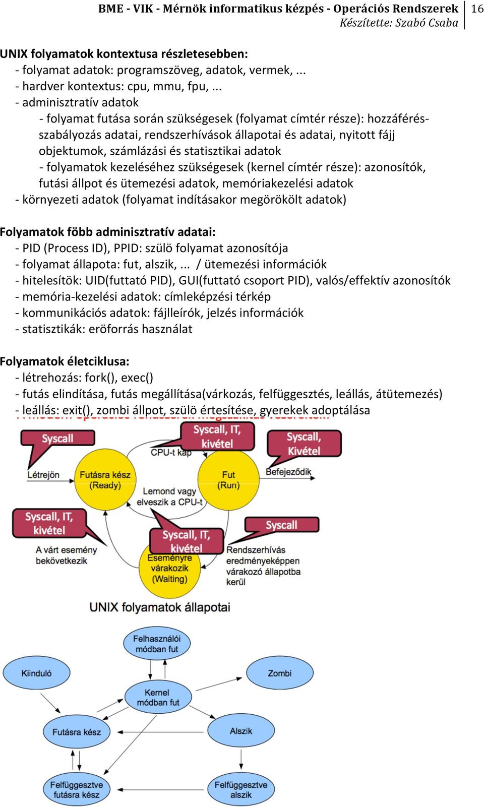 statisztikai adatok - folyamatok kezeléséhez szükségesek (kernel címtér része): azonosítók, futási állpot és ütemezési adatok, memóriakezelési adatok - környezeti adatok (folyamat indításakor