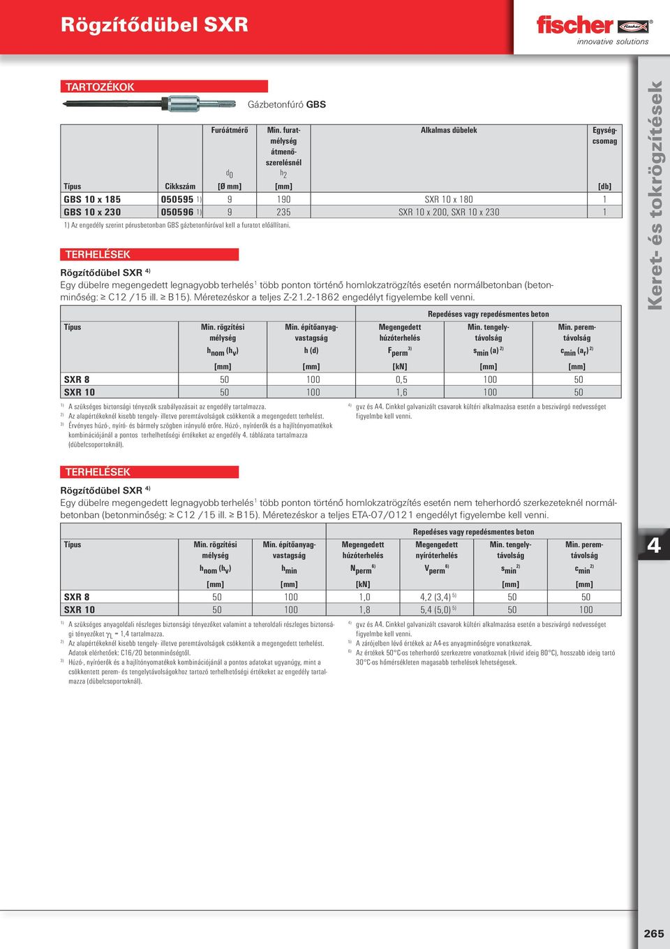 Rögzítődübel SXR ) Egy dübelre megengedett legnagyobb terhelés 1 több ponton történő homlokzatrögzítés esetén normálbetonban (betonminőség: C12 /15 ill. B15). Méretezéskor a teljes Z-21.