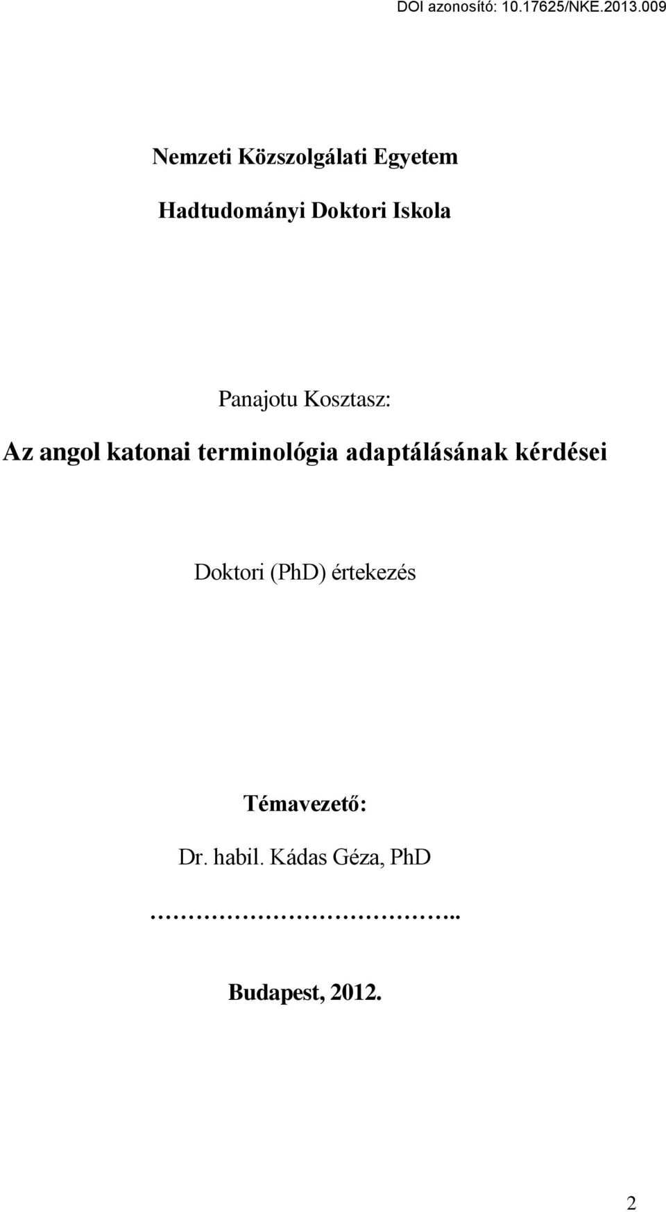 terminológia adaptálásának kérdései Doktori (PhD)