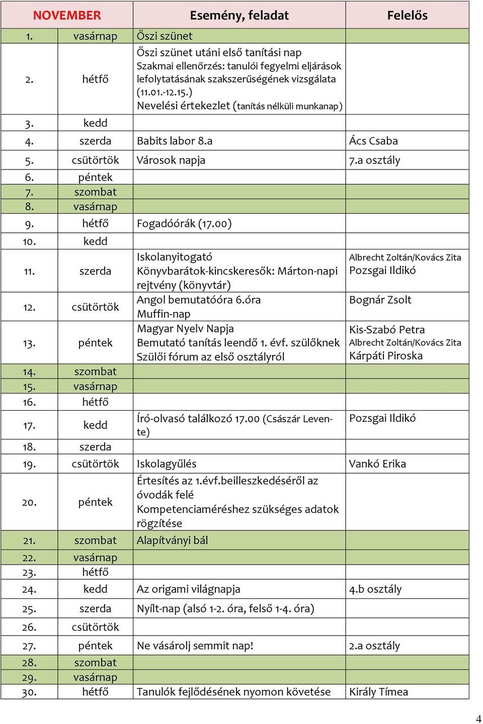 00) 10. kedd 11. szerda 12. csütörtök 13. péntek 14. szombat 15. vasárnap 16. hétfő 17. kedd 18. szerda Iskolanyitogató Könyvbarátok-kincskeresők: Márton-napi rejtvény (könyvtár) Angol bemutatóóra 6.