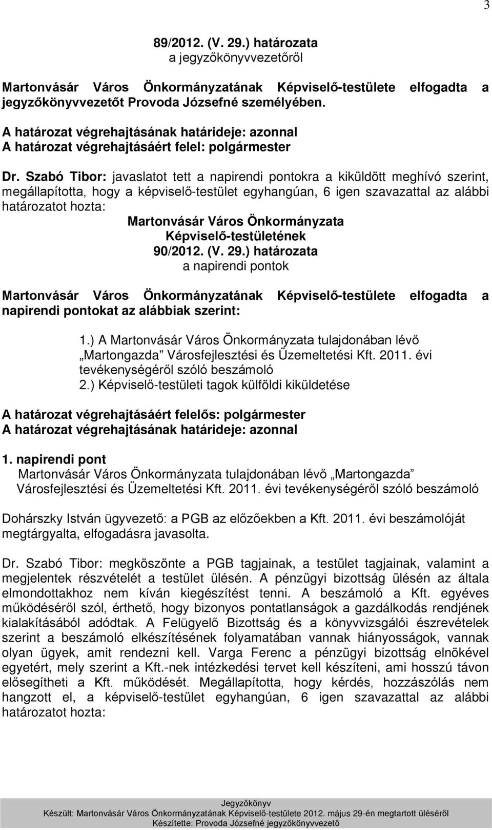 Szabó Tibor: javaslatot tett a napirendi pontokra a kiküldött meghívó szerint, megállapította, hogy a -testület egyhangúan, 6 igen szavazattal az alábbi 90/2012. (V. 29.