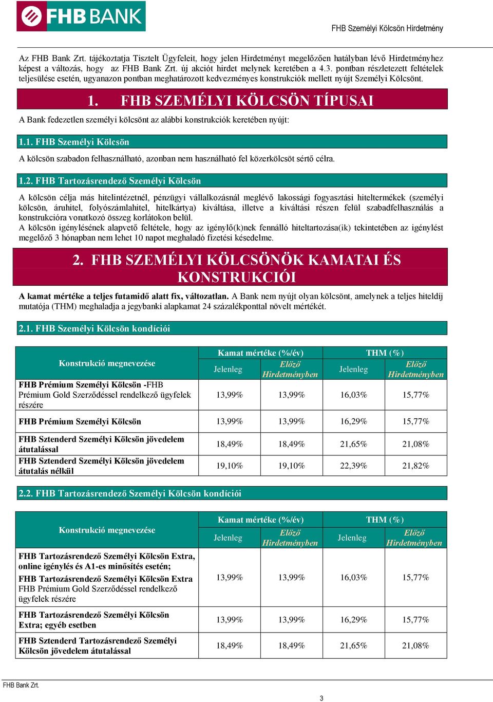 FHB SZEMÉLYI KÖLCSÖN TÍPUSAI A Bank fedezetlen személyi kölcsönt az alábbi konstrukciók keretében nyújt: 1.