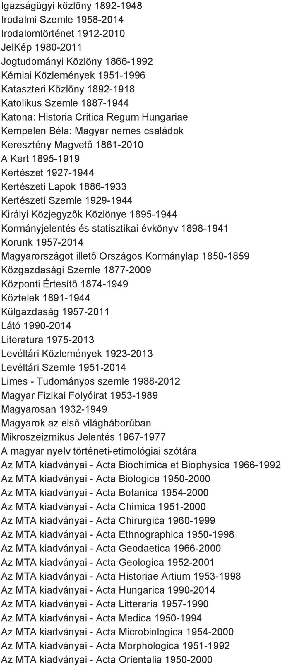 Szemle 1929 1944 Királyi Közjegyzők Közlönye 1895 1944 Kormányjelentés és statisztikai évkönyv 1898 1941 Korunk 1957 2014 Magyarországot illető Országos Kormánylap 1850 1859 Közgazdasági Szemle 1877