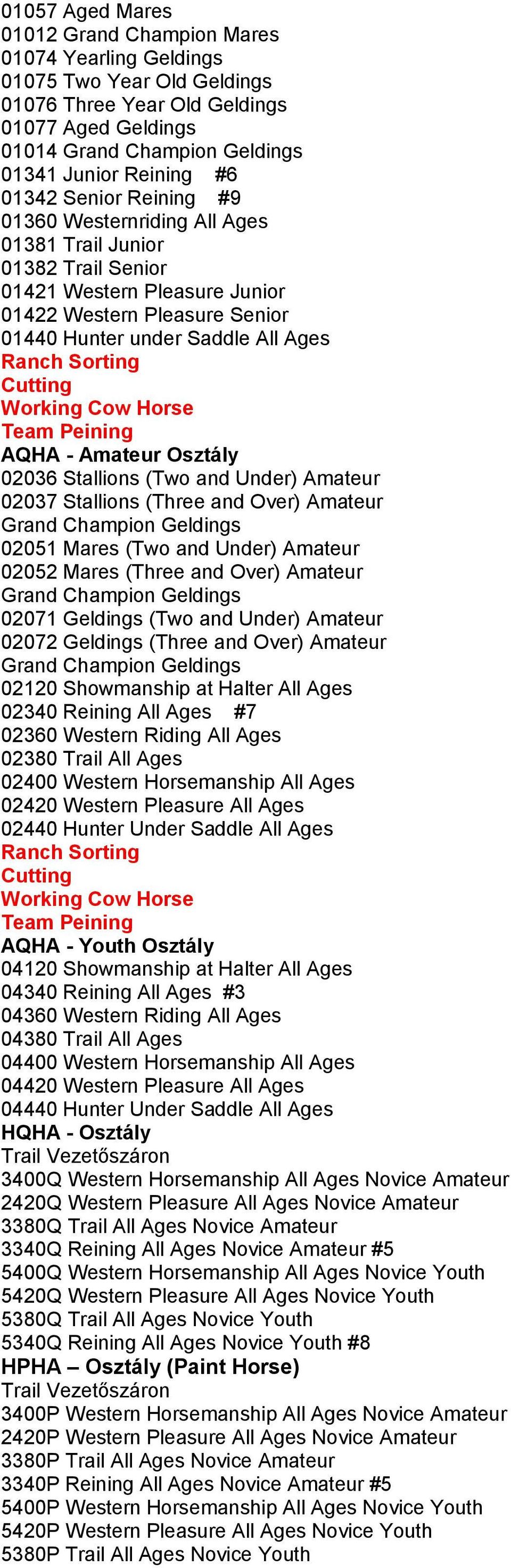 Horse Team Peining AQHA - Amateur Osztály 02036 Stallions (Two and Under) Amateur 02037 Stallions (Three and Over) Amateur 02051 Mares (Two and Under) Amateur 02052 Mares (Three and Over) Amateur