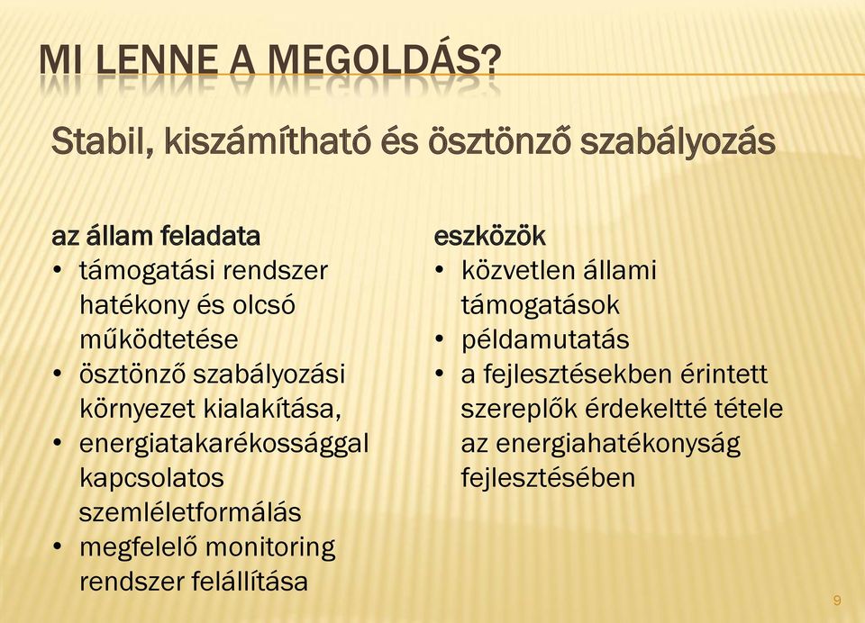 működtetése ösztönző szabályozási környezet kialakítása, energiatakarékossággal kapcsolatos