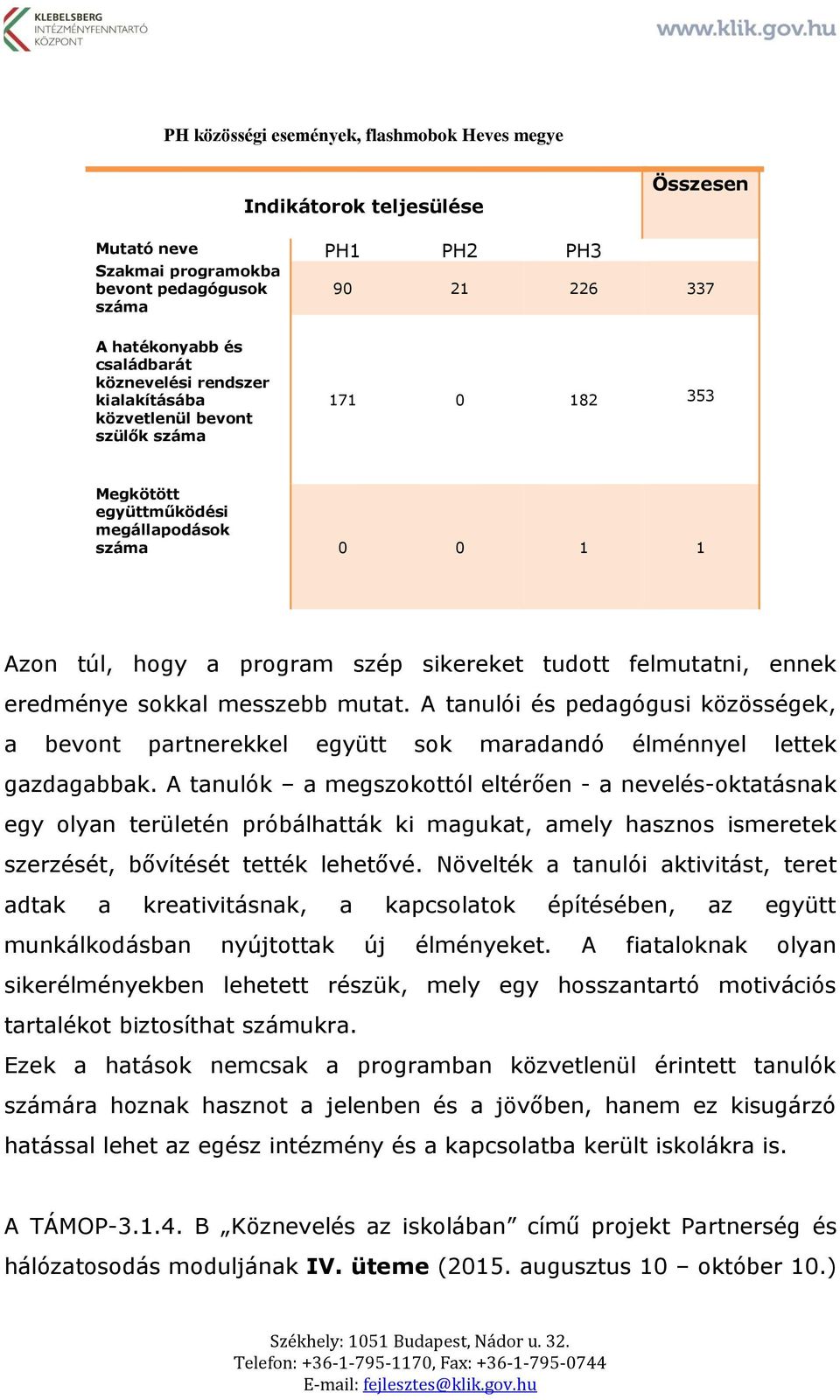 eredménye sokkal messzebb mutat. A tanulói és pedagógusi közösségek, a bevont partnerekkel együtt sok maradandó élménnyel lettek gazdagabbak.