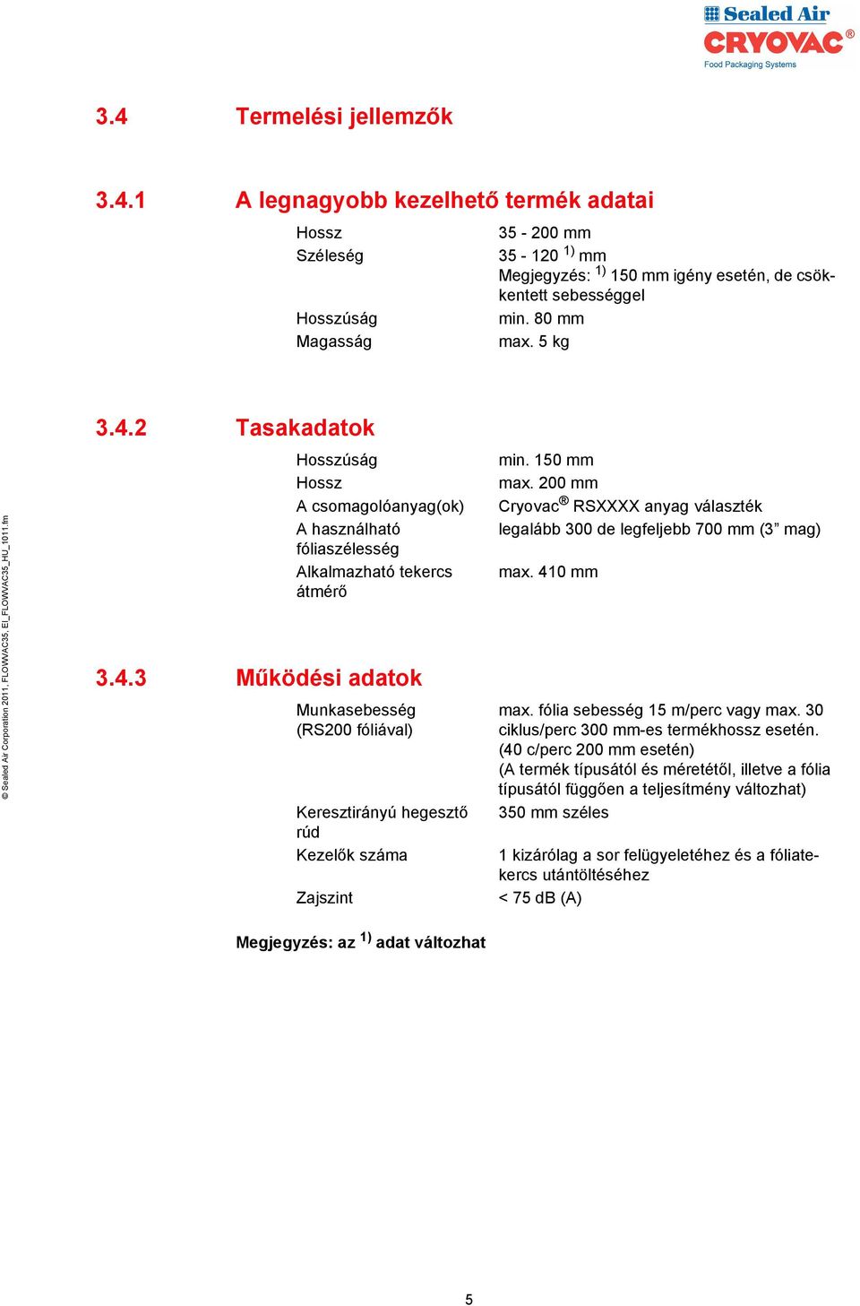 150 mm max. 200 mm Cryovac RSXXXX anyag választék legalább 300 de legfeljebb 700 mm (3 mag) max. 410 mm max. fólia sebesség 15 m/perc vagy max. 30 ciklus/perc 300 mm-es termékhossz esetén.