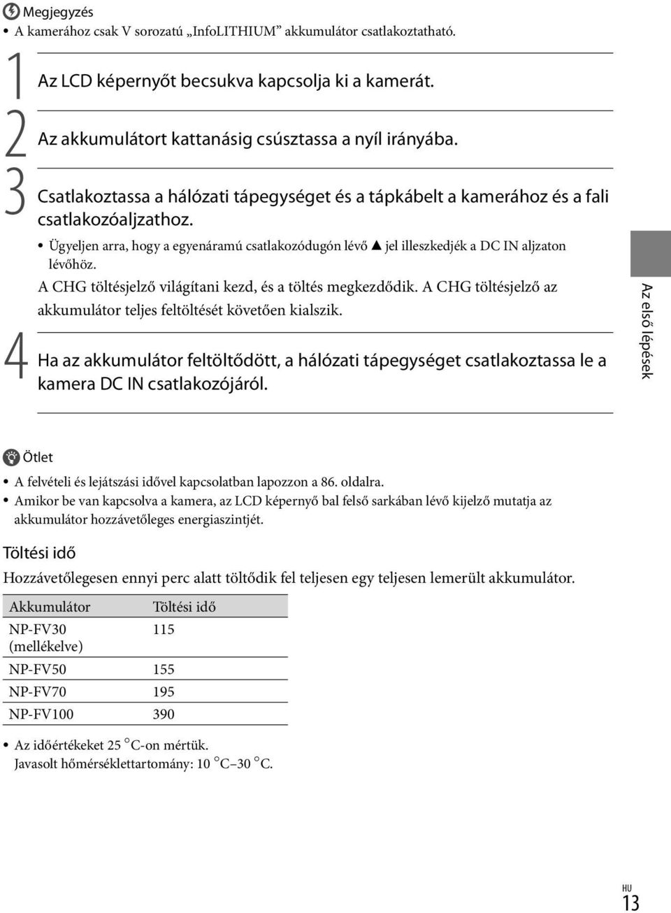 A CHG töltésjelző világítani kezd, és a töltés megkezdődik. A CHG töltésjelző az akkumulátor teljes feltöltését követően kialszik.