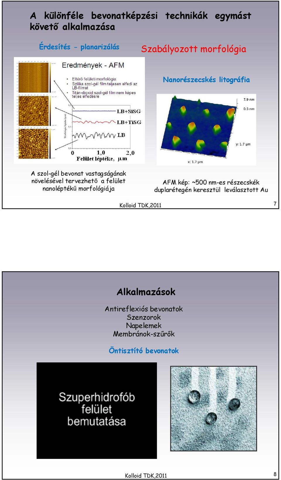 nanoléptékű morfológiája AFM kép: ~500 nm-es részecskék duplarétegén keresztül leválasztott Au Kolloid