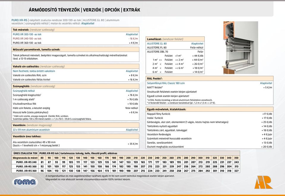 XR 360130 as tok Műszaki paraméterek, lamella színek: Tokok jellemző méreteit, beépítési magasságait, lamella színeket és alkalmazhatósági mérethatárokat lásd. a 113 oldalakon.