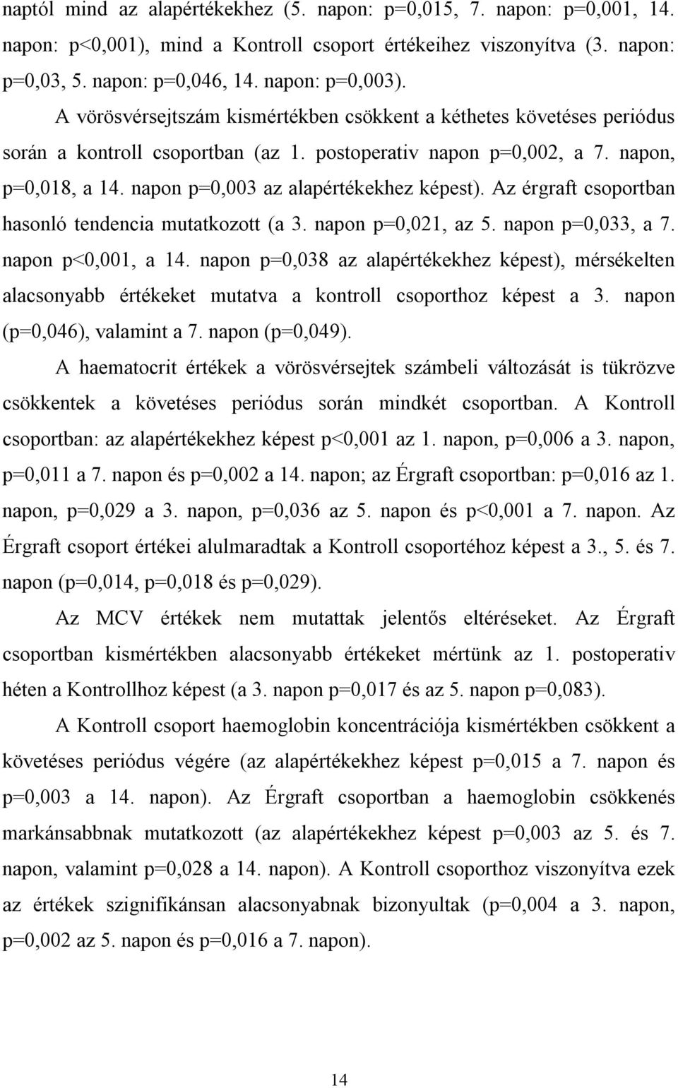 napon p=0,003 az alapértékekhez képest). Az érgraft csoportban hasonló tendencia mutatkozott (a 3. napon p=0,021, az 5. napon p=0,033, a 7. napon p<0,001, a 14.