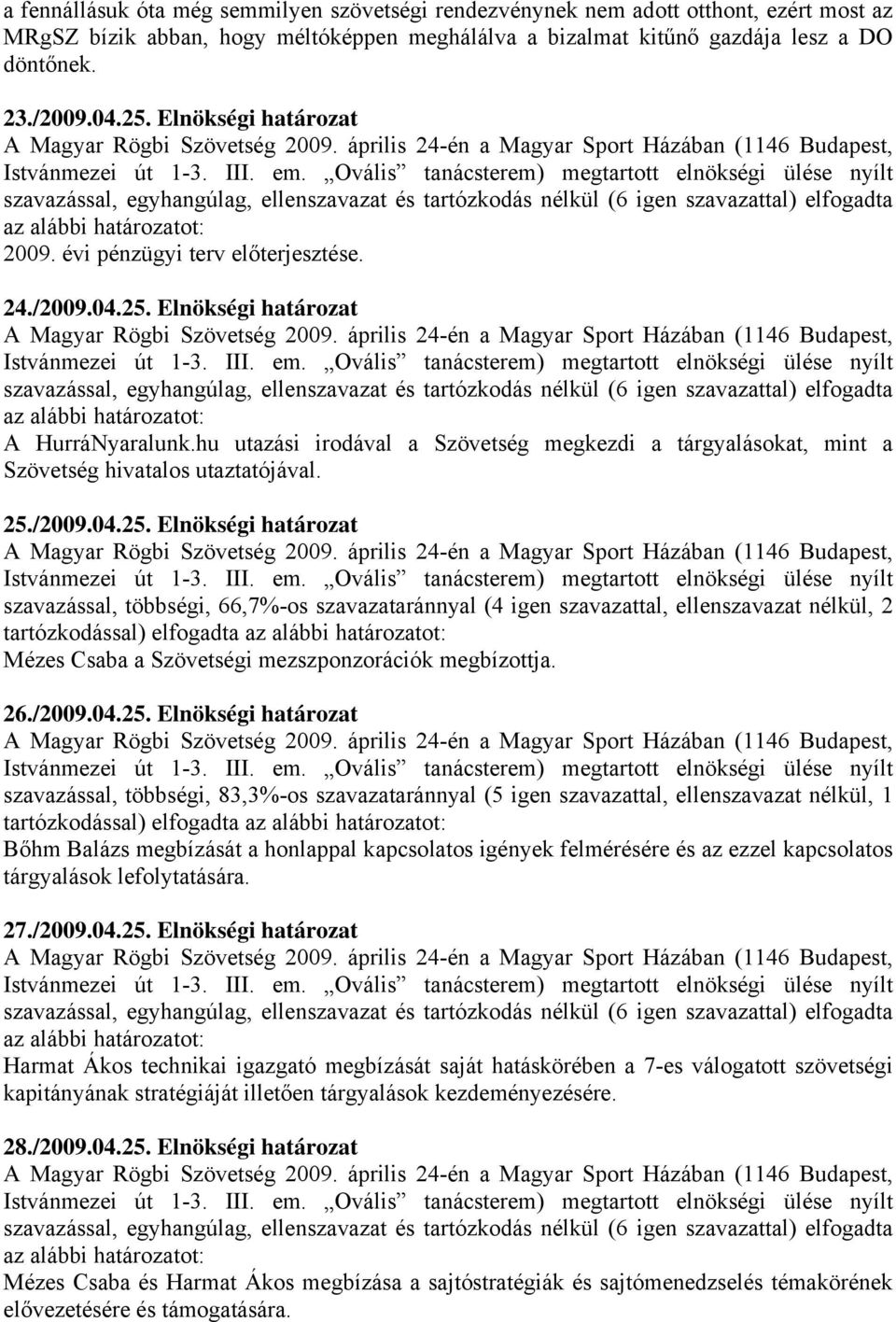 Elnökségi határozat szavazással, egyhangúlag, ellenszavazat és tartózkodás nélkül (6 igen szavazattal) elfogadta A HurráNyaralunk.