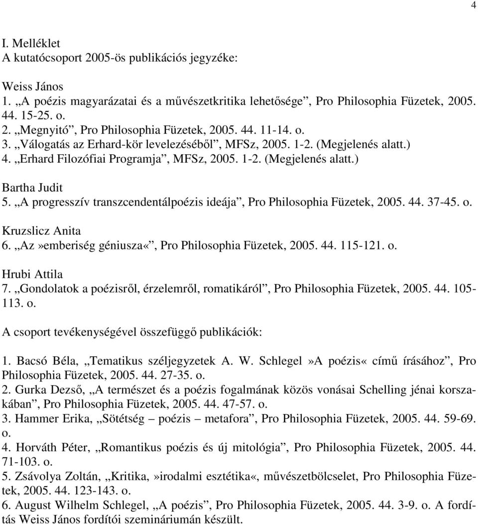 A progresszív transzcendentálpoézis ideája, Pro Philosophia Füzetek, 2005. 44. 37-45. Kruzslicz Anita 6. Az»emberiség géniusza«, Pro Philosophia Füzetek, 2005. 44. 115-121. Hrubi Attila 7.