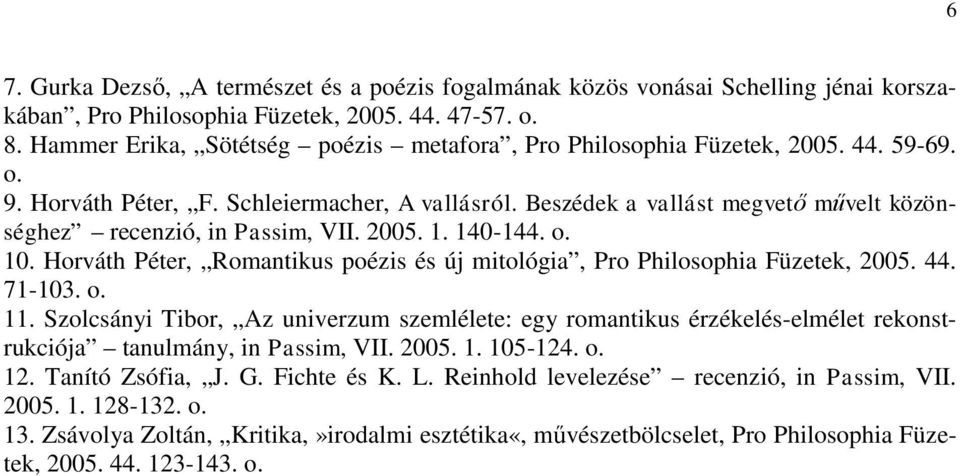 Beszédek a vallást megvető művelt közönséghez recenzió, in Passim, VII. 2005. 1. 140-144. 10. Horváth Péter, Romantikus poézis és új mitológia, Pro Philosophia Füzetek, 2005. 44. 71-103. 11.