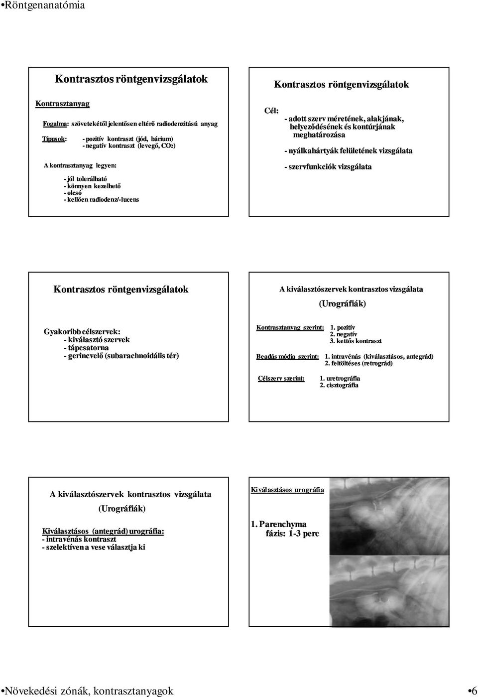 meghatározása - nyálkahártyák felületének - szervfunkciók Kontrasztos röntgenvizsgálatok A kiválasztószervek kontrasztos (Urográfiák) Gyakoribb célszervek: - kiválasztó szervek - tápcsatorna -
