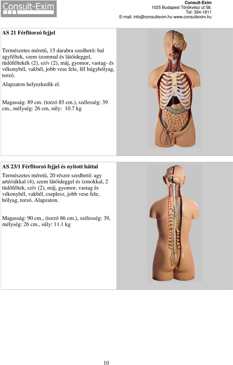 7 kg AS 23/1 Férfitorzó fejjel és nyitott háttal Természetes méretű, 20 részre szedhető: agy artériákkal (4), szem látóideggel és izmokkal, 2 tüdőféltek, szív (2),