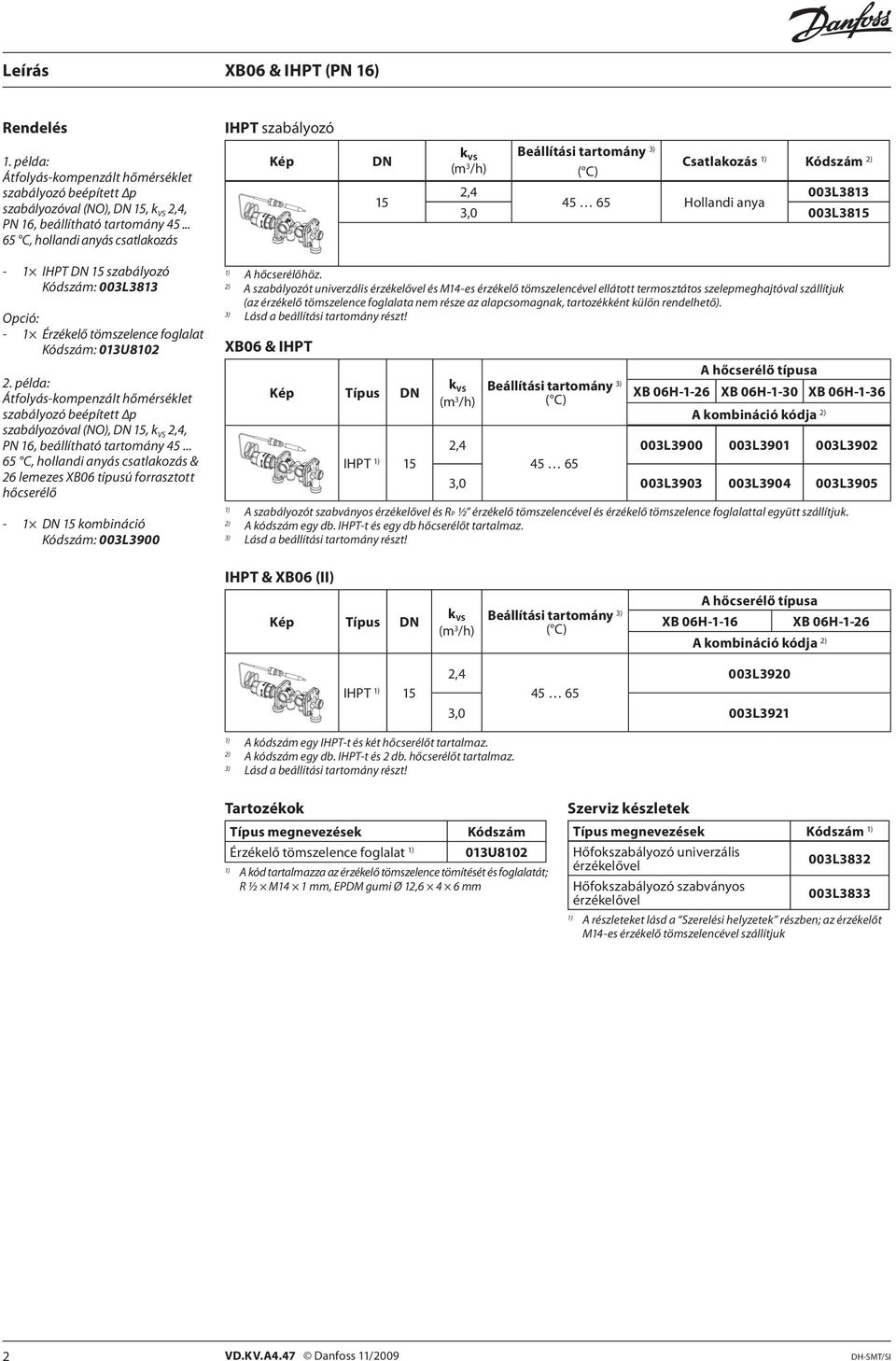 Opció: - 1 Érzékelő tömszelence foglalat Kódszám: 013U8102 2. példa: Átfolyás-kompenzált hőmérséklet szabályozó beépített p szabályozóval (NO), DN 15, k VS 2,4, PN 16, beállítható tartomány 45.