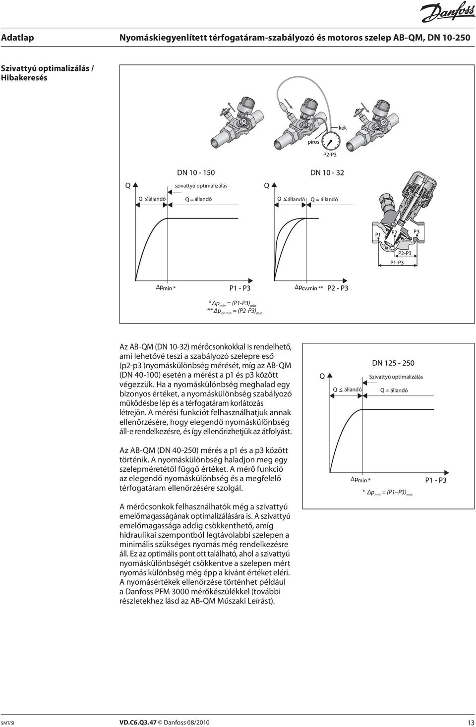 min = (P2-P3) min 400kPa P1-P3 Az AB-QM (DN 10-32) mérőcsonkokkal is rendelhető, ami lehetővé teszi a szabályozó szelepre eső (p2-p3 )nyomáskülönbség mérését, míg az AB-QM (DN 40-100) esetén a mérést