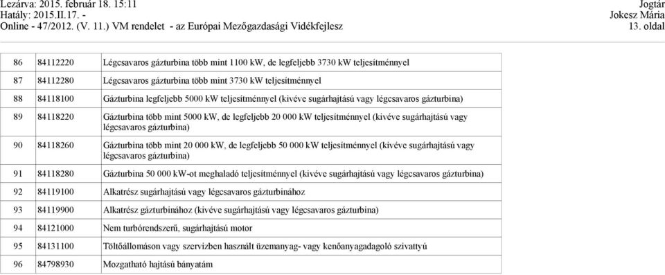 légcsavaros gázturbina) 90 84118260 Gázturbina több mint 20 000 kw, de legfeljebb 50 000 kw teljesítménnyel (kivéve sugárhajtású vagy légcsavaros gázturbina) 91 84118280 Gázturbina 50 000 kw-ot