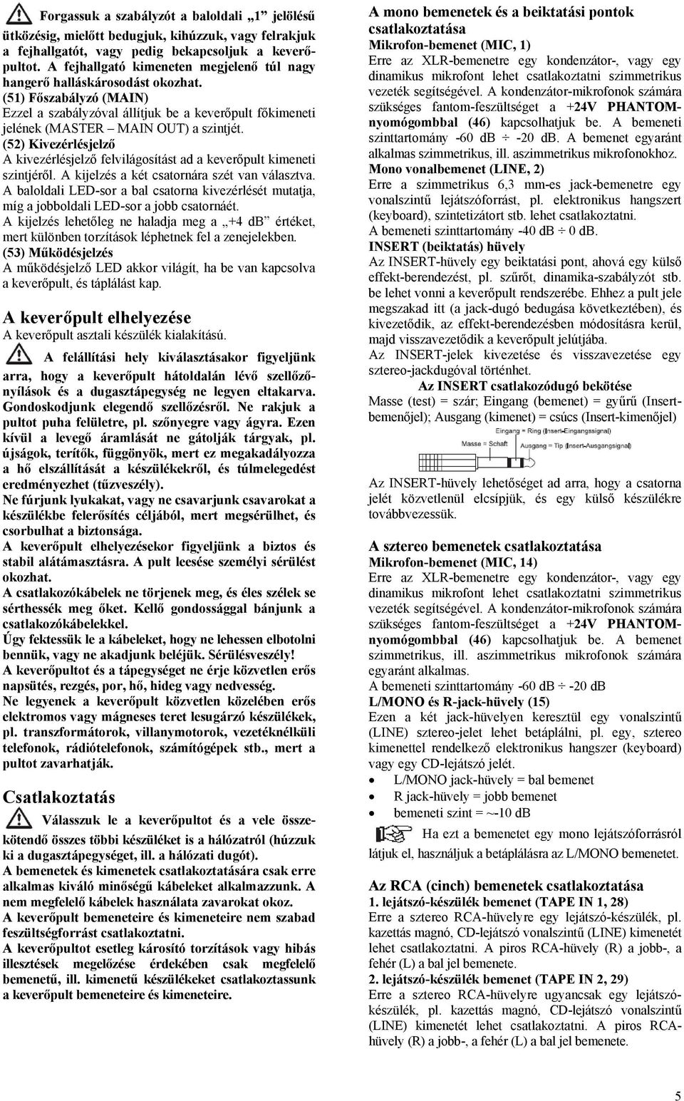 (52) Kivezérlésjelző A kivezérlésjelző felvilágosítást ad a keverőpult kimeneti szintjéről. A kijelzés a két csatornára szét van választva.