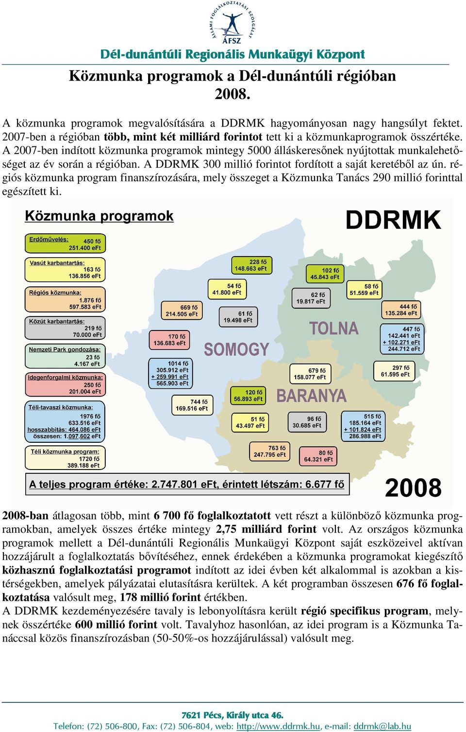 A 2007-ben indított közmunka programok mintegy 5000 álláskeresınek nyújtottak munkalehetıséget az év során a régióban. A DDRMK 300 millió forintot fordított a saját keretébıl az ún.