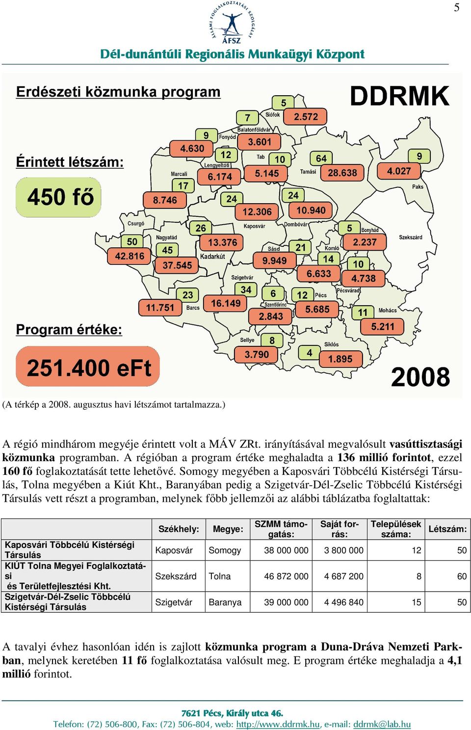 , Baranyában pedig a Szigetvár-Dél-Zselic Többcélú Kistérségi Társulás vett részt a programban, melynek fıbb jellemzıi az alábbi táblázatba foglaltattak: Kaposvári Többcélú Kistérségi Társulás KIÚT