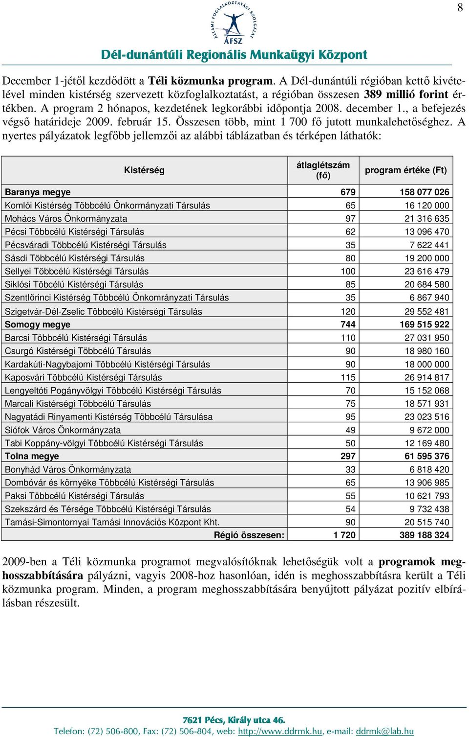 A nyertes pályázatok legfıbb jellemzıi az alábbi táblázatban és térképen láthatók: Kistérség átlaglétszám (fı) program értéke (Ft) Baranya megye 679 158 077 026 Komlói Kistérség Többcélú