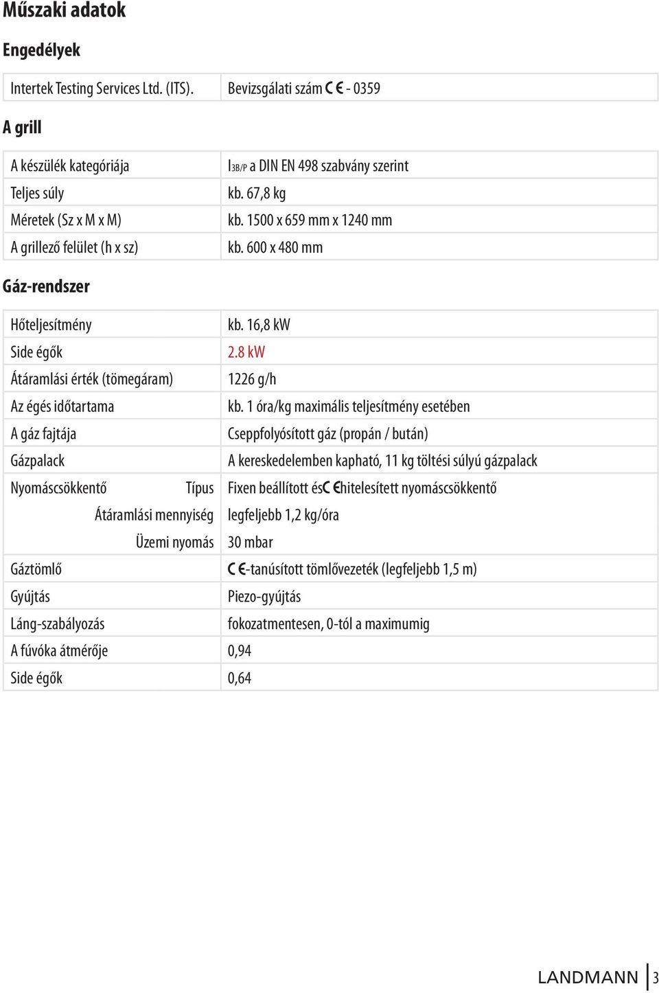 600 x 480 mm Gáz-rendszer Hőteljesítmény kb. 16,8 kw Side égők 2.8 kw Átáramlási érték (tömegáram) 1226 g/h Az égés időtartama kb.