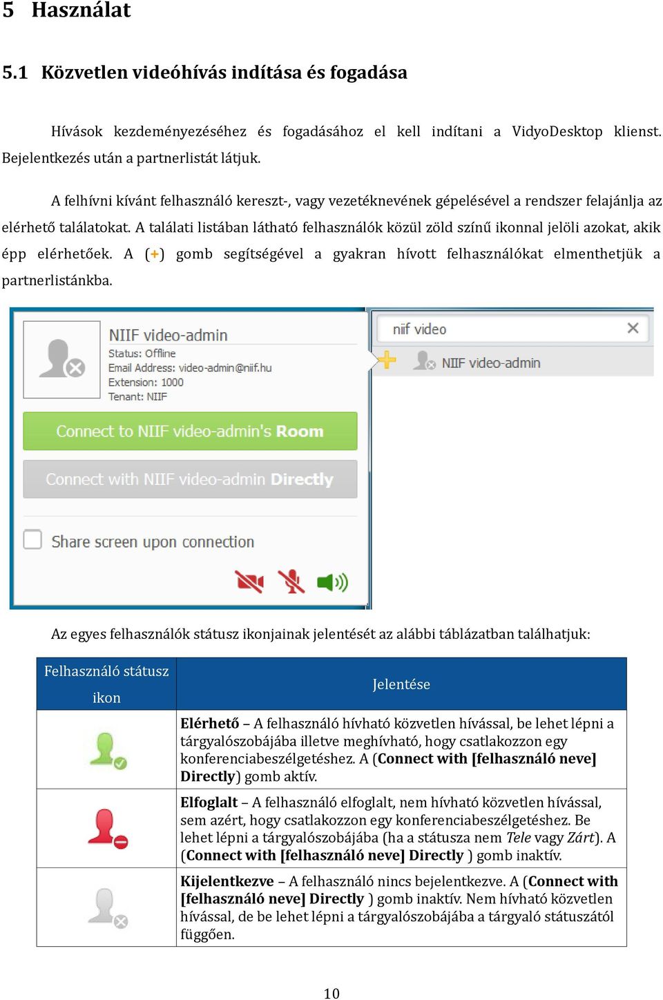 A találati listában látható felhasználók közül zöld színű ikonnal jelöli azokat, akik épp elérhetőek. A (+) gomb segítségével a gyakran hívott felhasználókat elmenthetjük a partnerlistánkba.