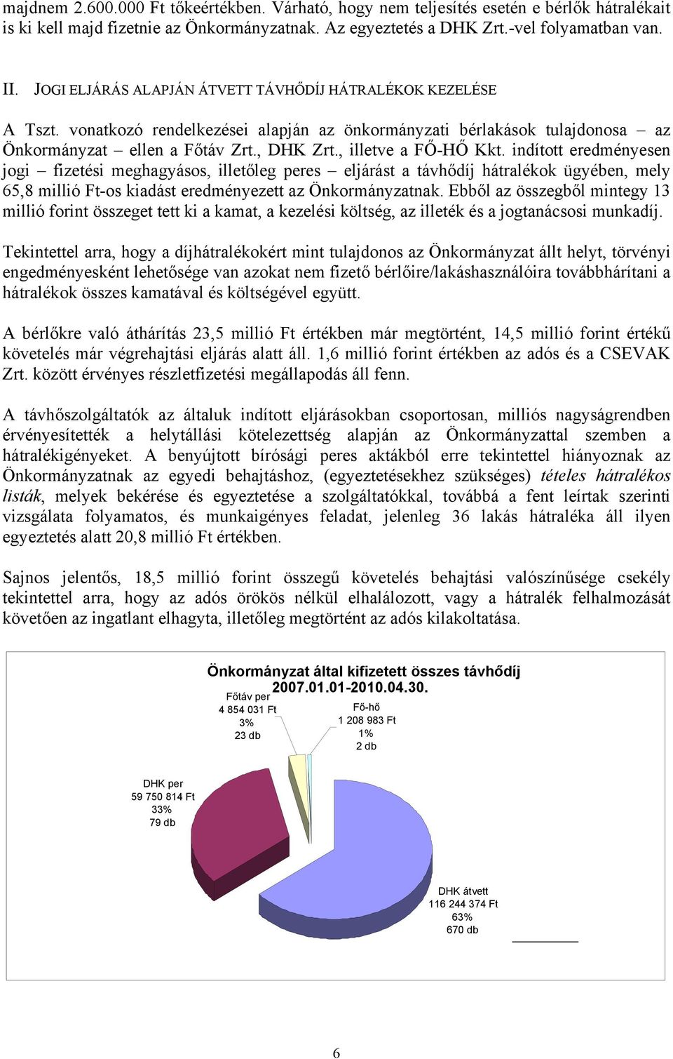 , illetve a FŐ-HŐ Kkt. indított eredményesen jogi fizetési meghagyásos, illetőleg peres eljárást a távhődíj hátralékok ügyében, mely 65,8 millió Ft-os kiadást eredményezett az Önkormányzatnak.