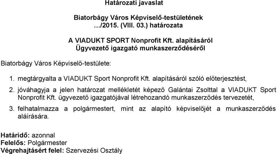 alapításáról szóló előterjesztést, 2. jóváhagyja a jelen határozat mellékletét képező Galántai Zsolttal a VIADUKT Sport Nonprofit Kft.