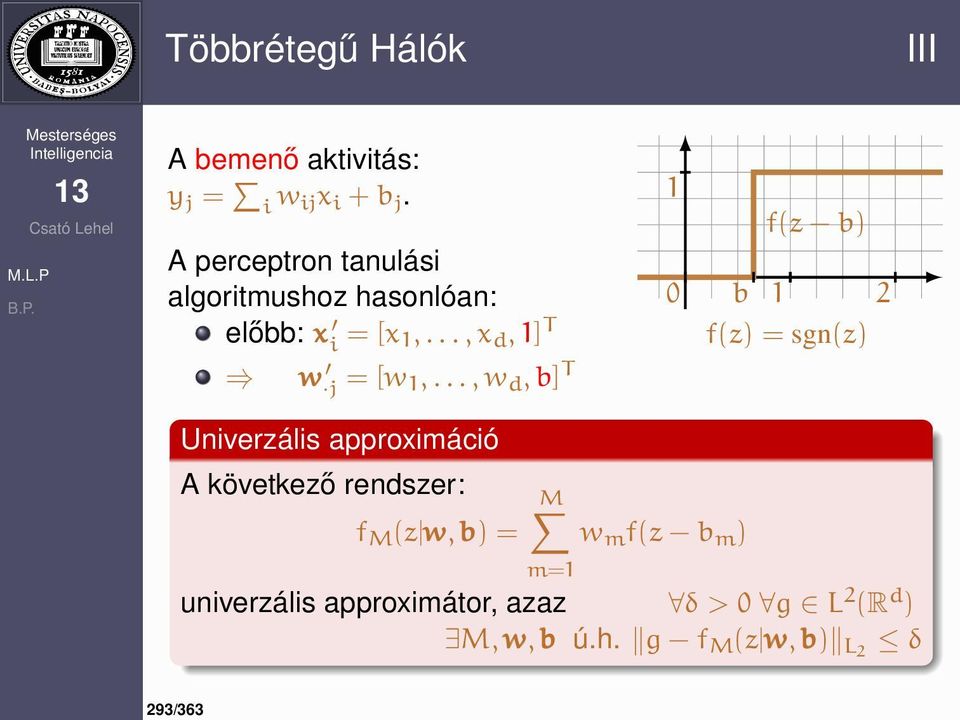 .., w d, b] T 1 f(z b) 0 b 1 2 f(z) = sgn(z) Univerzális approximáció A következő rendszer: f