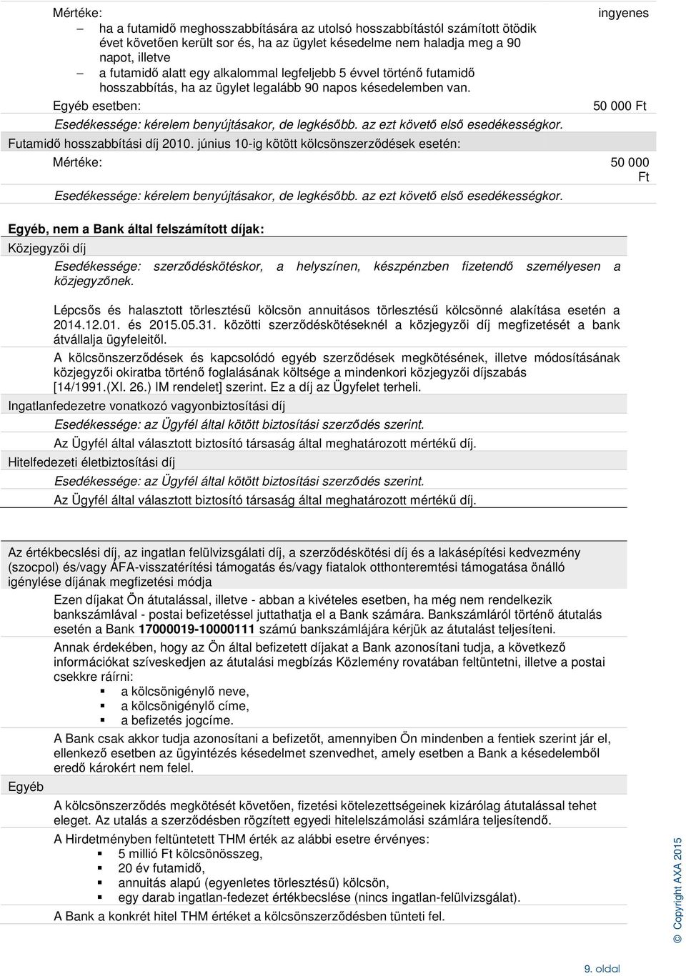 Futamidő hosszabbítási díj 2010. június 10-ig kötött kölcsönszerződések esetén: ingyenes 50 000 Ft 50 000 Ft Esedékessége: kérelem benyújtásakor, de legkésőbb. az ezt követő első esedékességkor.