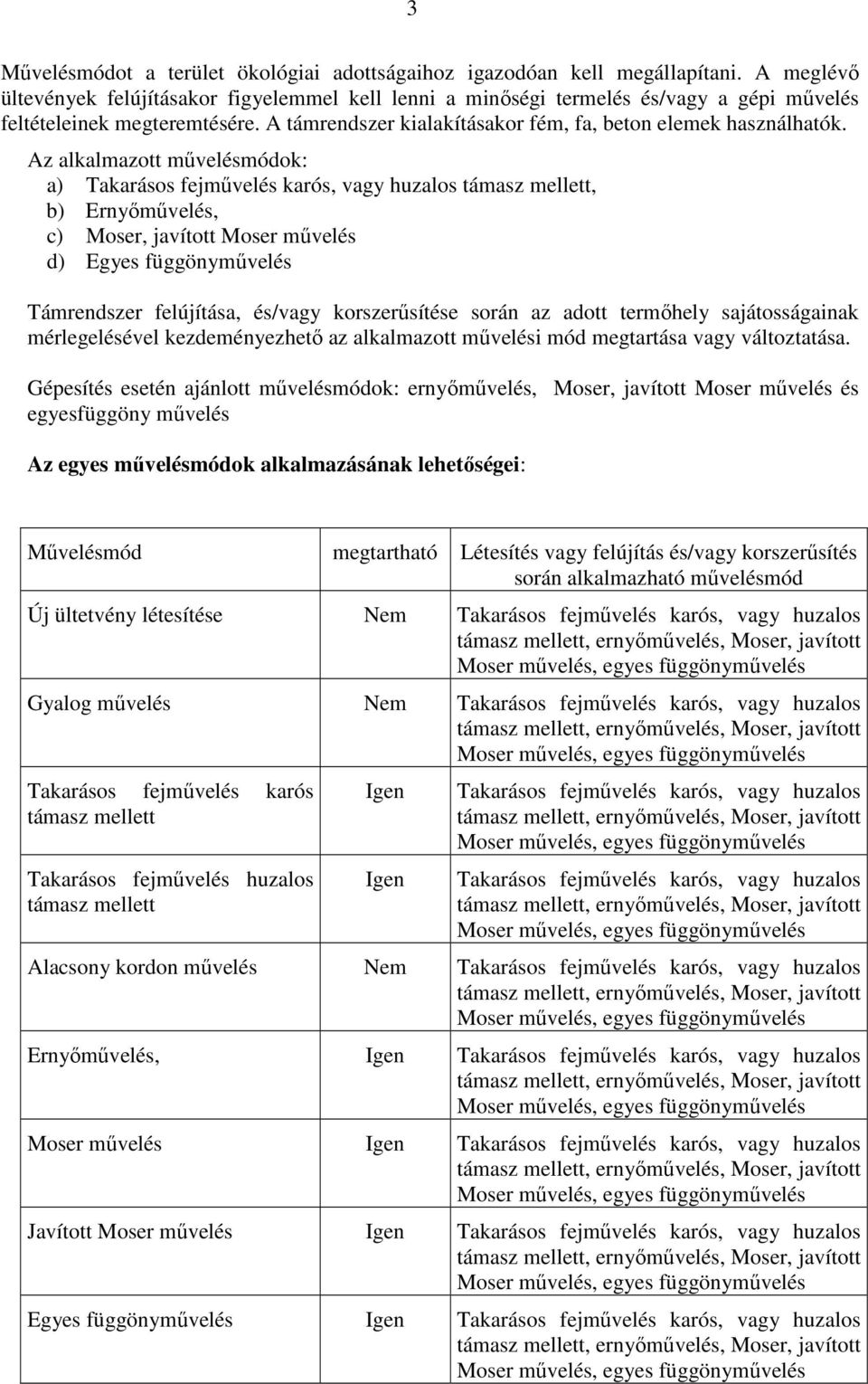 Az alkalmazott mővelésmódok: a) Takarásos fejmővelés karós, vagy huzalos támasz mellett, b) Ernyımővelés, c) Moser, javított Moser mővelés d) Egyes függönymővelés Támrendszer felújítása, és/vagy