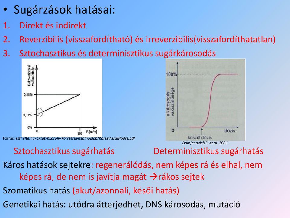 pdf Sztochasztikus sugárhatás Determinisztikus sugárhatás Káros hatások sejtekre: regenerálódás, nem képes rá és elhal, nem képes rá,