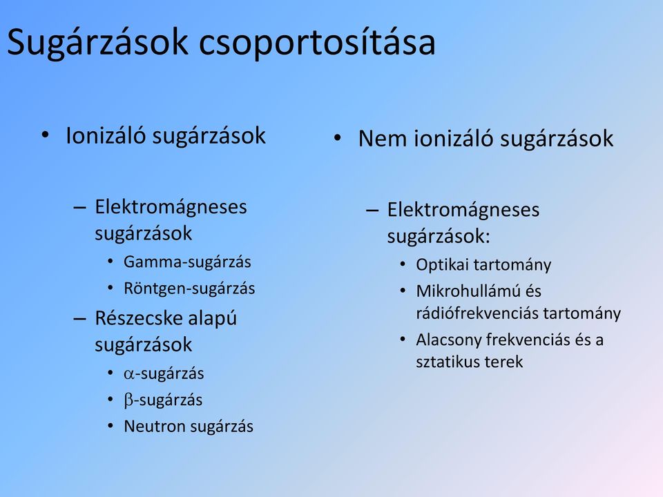 sugárzások -sugárzás -sugárzás Neutron sugárzás Elektromágneses sugárzások: