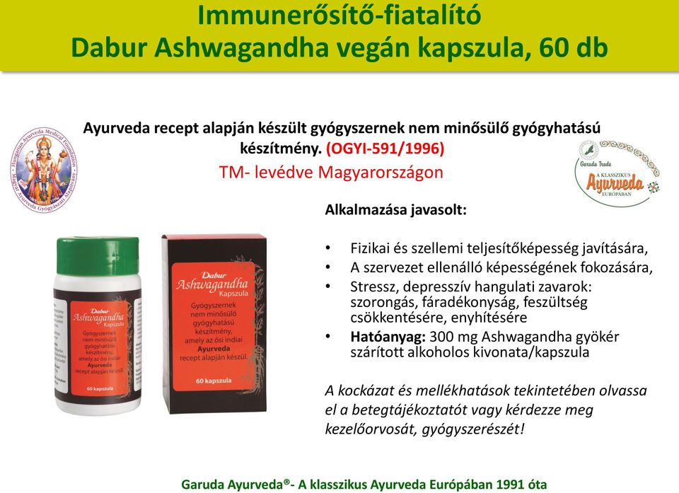 fokozására, Stressz, depresszív hangulati zavarok: szorongás, fáradékonyság, feszültség csökkentésére, enyhítésére Hatóanyag: 300 mg Ashwagandha