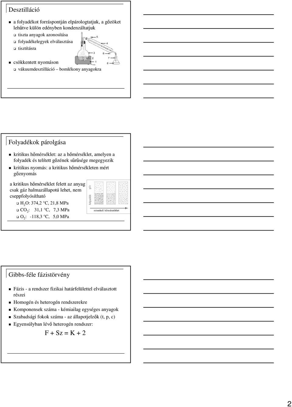 hőmérsékleten mért gőznyomás a kritikus hőmérséklet felett az anyag csak gáz halmazállapotú lehet, nem cseppfolyósítható H 2 O: 374,2 C, 21,8 MPa CO 2 : 31,1 C, 7,3 MPa O 2 : -118,3 C, 5,0 MPa