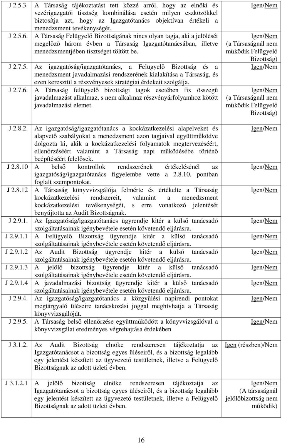 tevékenységét. J 2.5.6. A Társaság Felügyelő Bizottságának nincs olyan tagja, aki a jelölését megelőző három évben a Társaság Igazgatótanácsában, illetve menedzsmentjében tisztséget töltött be. J 2.7.