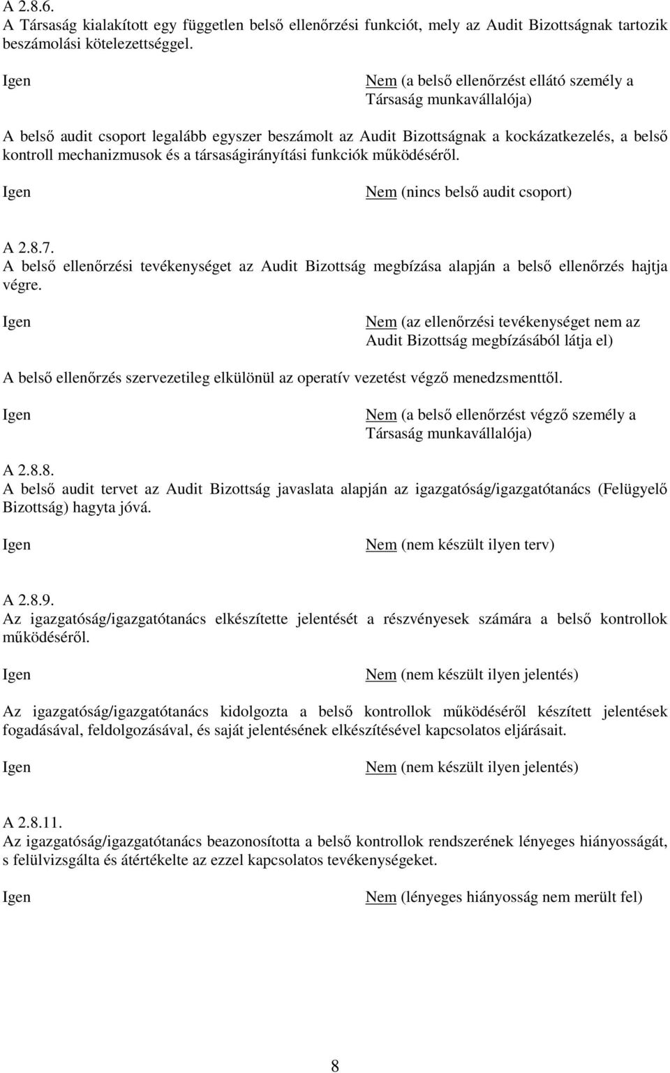 társaságirányítási funkciók működéséről. (nincs belső audit csoport) A 2.8.7. A belső ellenőrzési tevékenységet az Audit Bizottság megbízása alapján a belső ellenőrzés hajtja végre.