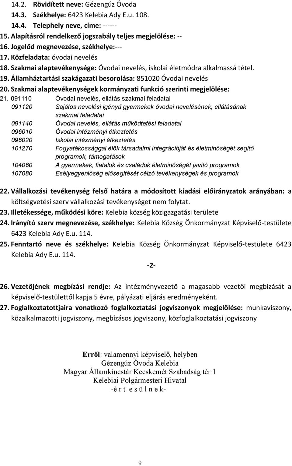 Államháztartási szakágazati besorolása: 851020 Óvodai nevelés 20. Szakmai alaptevékenységek kormányzati funkció szerinti megjelölése: 21.
